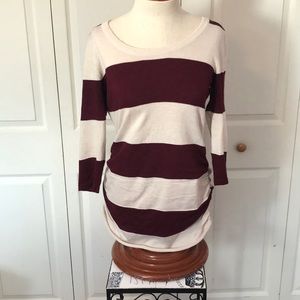 Large maroon and white striped 3/4 sleeve shirt